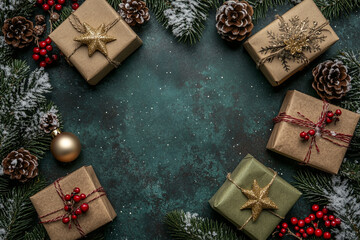 Festive gifts arranged on a dark green background surrounded by pine branches pinecones berries and a gold ornament