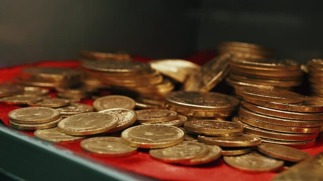 A pile of shiny gold coins arranged in stacks, suggesting historic currency, treasure, or financial wealth.
