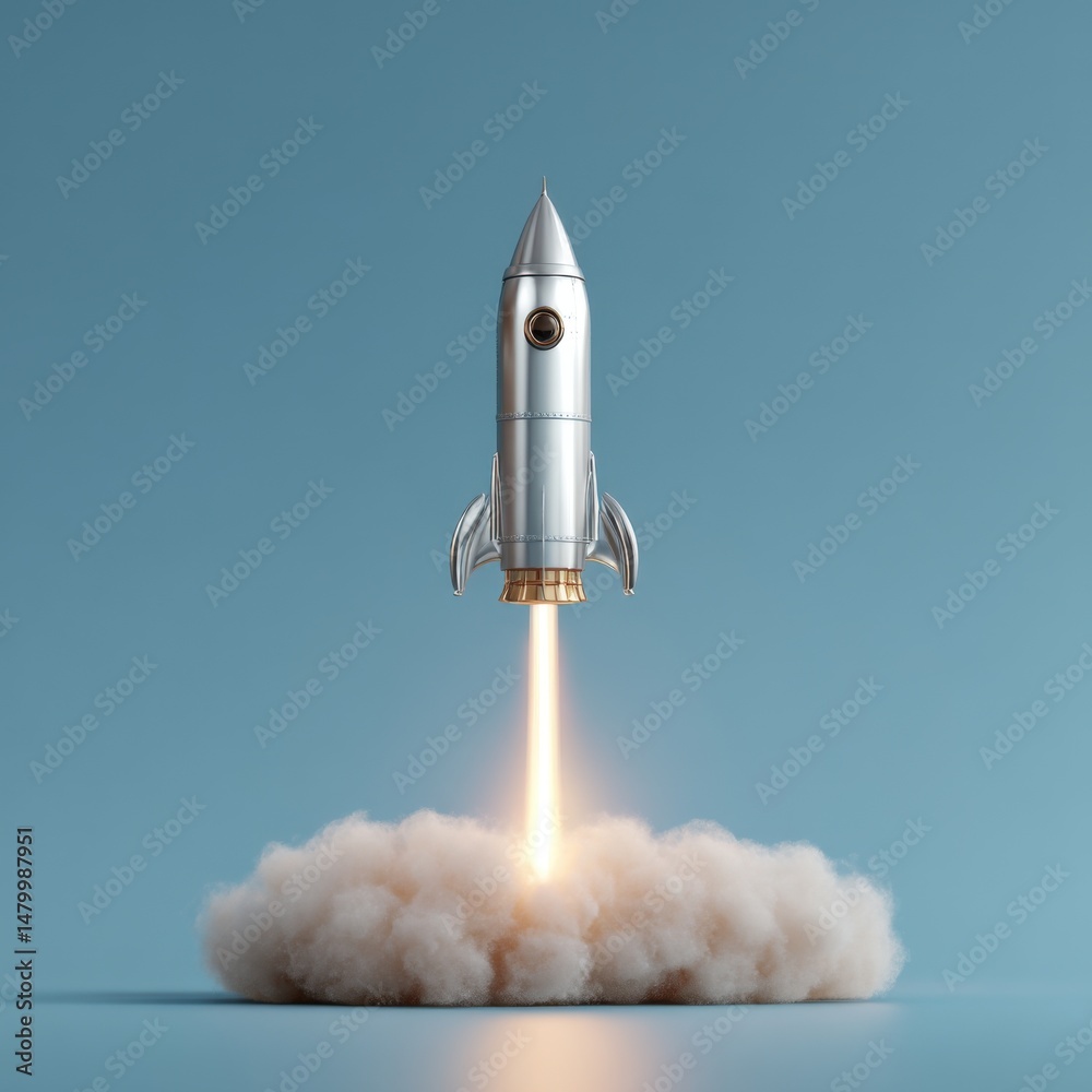 Poster retro rocket launching through cloud on blue background; studio shot of spacecraft taking off; conce