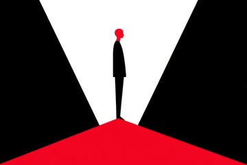 A black and red abstract icon of a cliff edge with a falling figure and broken ground