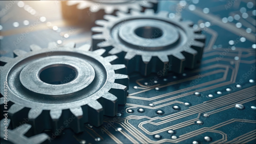 Aufkleber close up of gears on circuit board with detailed technology background