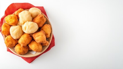 Assorted bite-sized fried snacks on a paper-lined drumstick tray with a touch of crispy golden brown and soft light textures perfect for appetizer or party platter