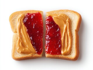 Peanut butter and jelly sandwich halves close up overhead shot on white background studio lighting