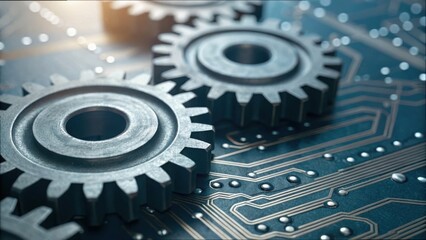 Close Up of Gears on Circuit Board with Detailed Technology Background