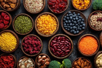 Overhead Studio Shot of Assorted Healthy Foods in Wooden Bowls on Dark Background; Nuts, Berries, Legumes, Seeds, Dried Fruit, Broccoli