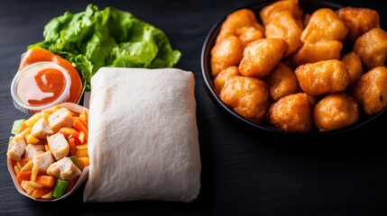 Diverse Filipino meal featu a fresh vegetable salad sp roll crispy fried chicken nuggets and vibrant colorful side dishes on dark surface