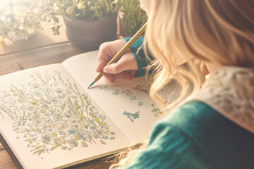 Woman drawing flowers on a book, surrounded by art supplies and a cup of coffee, sitting at a wooden desk with natural light streaming through a window.