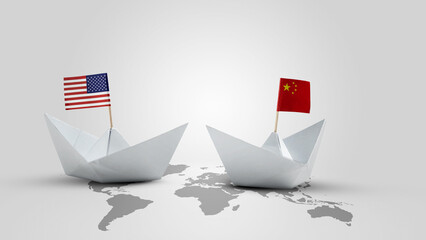 Paper boat with flags of the USA and China on their maps with a white background. Concept of the...