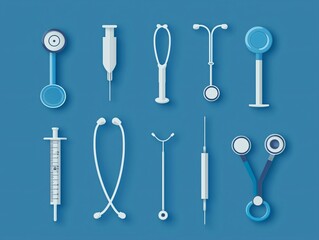 Medical Tools and Equipment Collection on Blue Background for Healthcare