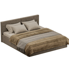 A bed with a brown comforter and pillows
