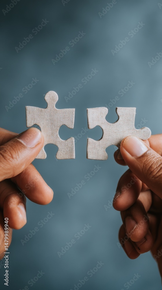 Poster Close up of hands holding two puzzle pieces about to connect on a blue background conceptual of teamwork solution and strategy