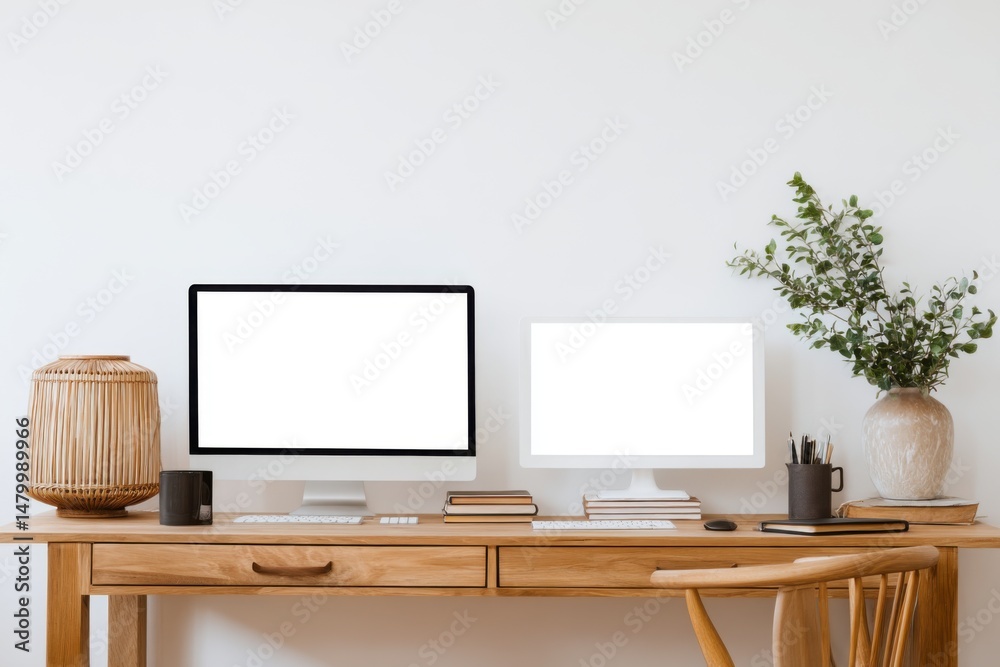 Poster minimalist home office setup featuring two computers on a wooden desk with natural light and decor e