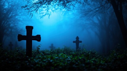 A foggy, blue-lit cemetery with silhouettes of crosses and trees creates a mysterious, eerie atmosphere.