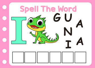 spell the word of iguana . cute little fox with letter of H