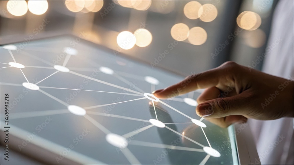 Poster hand touching glass surface with illuminated nodes and connections