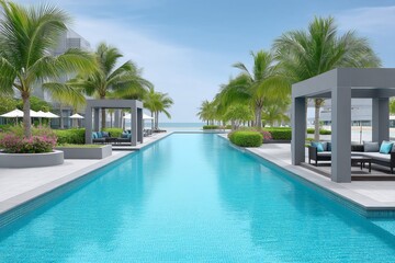 Fototapeta premium A crystal-clear swimming pool surrounded by palm trees and private cabanas