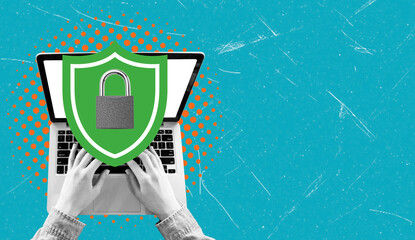 Modern art collage artwork depicting a man working on a laptop with a security sign.