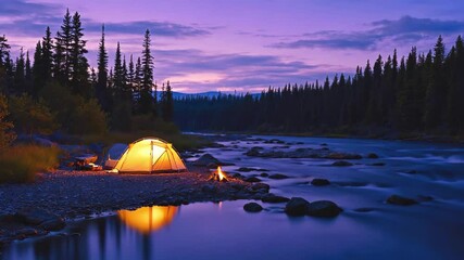 Cozy camping scene in forest by flowing river, with glowing tent and crackling campfire under tall trees, perfect for peaceful outdoor adventure - Powered by Adobe