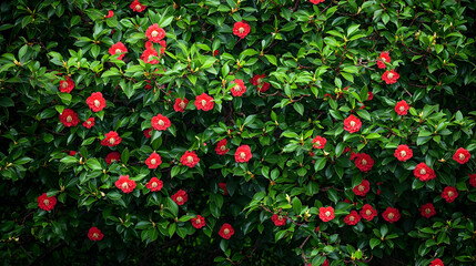 Close Up Of Dense Red Hibiscus Flowers On Green Foliage