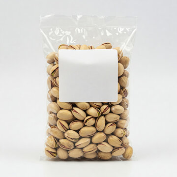 Packaging of roasted pistachios in a transparent bag with a blank label for customization during snack packing