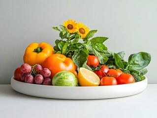 a large, white bowl filled with an array of fresh vegetable