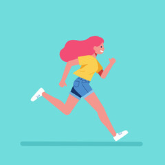 Girl Running with a gentle breeze in the morning | Flat design character style, vector 