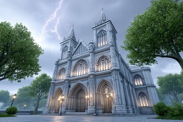 Obraz premium A gothic cathedral struck by lightning with crumbling gargoyles and cracked stained glass
