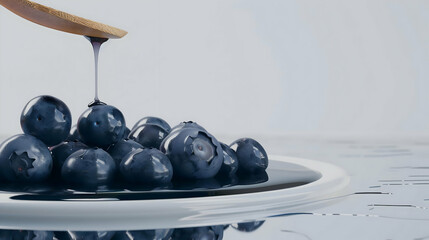A minimalist render of glossy cranberry jam in a jar, isolated on pure white. Berries spill into water, forming ripples. Studio lighting enhances textures. Bottom-right branding space clear.
