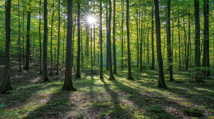 Sunlight through green forest canopy