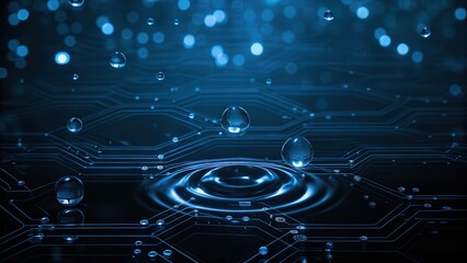 Obraz premium Water drops create ripples on an illuminated dark blue circuit board in an abstract scene