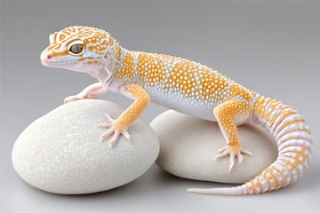 Fototapeta premium A leopard gecko on rocks showing off its unique spotted skin