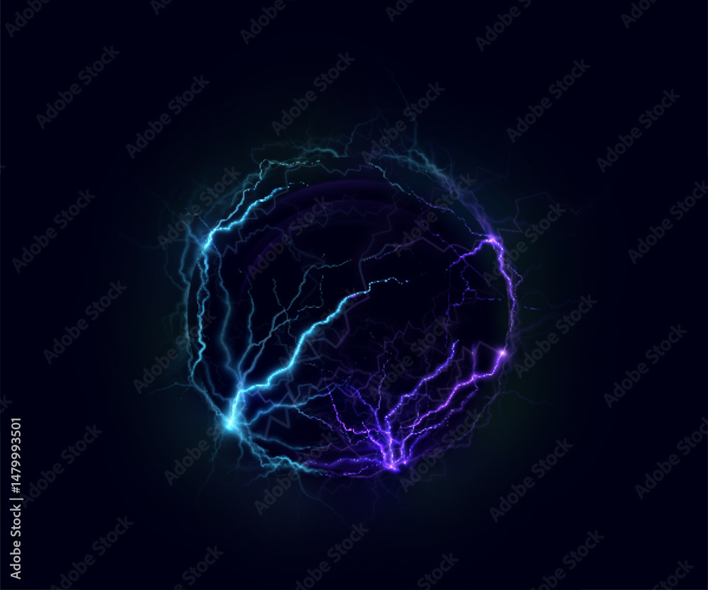 Poster glowing electric sphere with blue and violet lightning arcs on dark background. vector illustration 