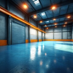 Fototapeta premium Empty warehouse interior with blue floor and roller doors industrial building architecture perspective shot