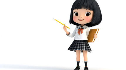 A cartoon girl is holding a pencil and a book