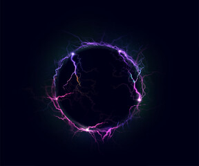 Glowing electric sphere with blue and violet lightning arcs on dark background. Vector illustration of energy charge for sci-fi design, game interface, or futuristic concept art.

