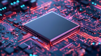 Obraz premium A close-up view of an intricate circuit board with a central computer processor. long_title:This detailed image showcases the complex inner workings