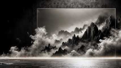 Smog covers the mountain range, black background with smoke.