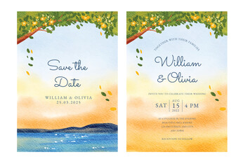 set of beautiful sunset wedding invitation template