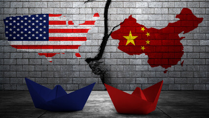 Blue and red paper boats with flags of the USA and China on the cracked wall background. Concept of...