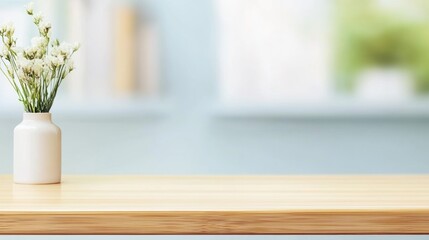 Minimalist wooden table with a white vase containing fresh flowers in bright natural light possibly in a modern kitchen or living room setting with blurred background