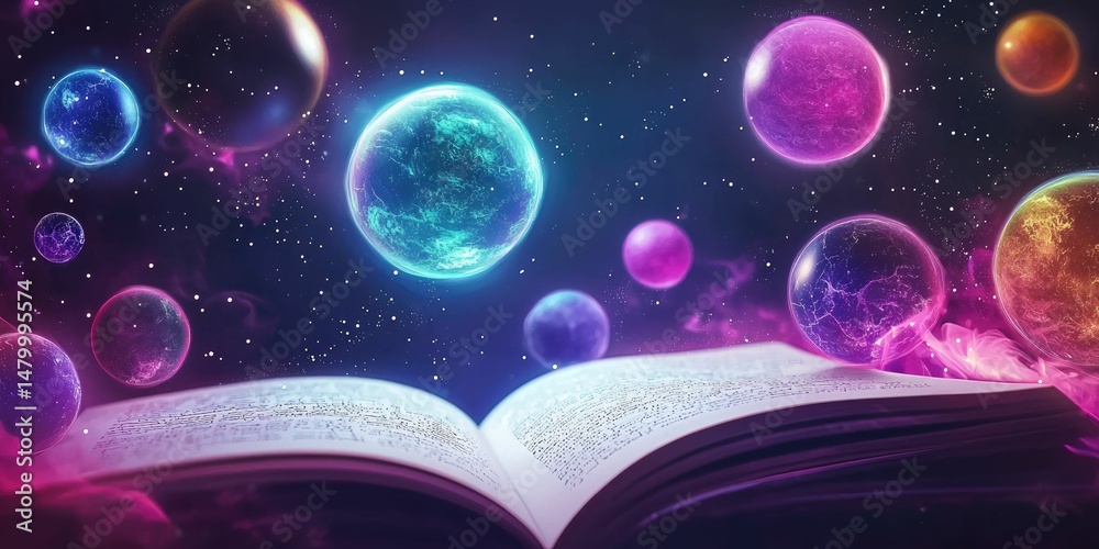Wall mural floating neon planets orbiting around an open journal as if part of a dream