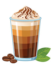 Iced Coffee with Whipped Cream and Chocolate - Vector Illustration