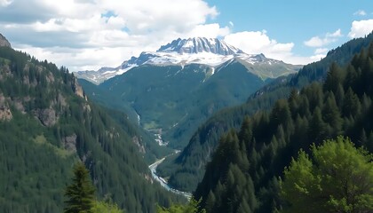 Obraz premium A Majestic Alpine Valley Vista with Snow-Capped Peaks and Verdant Forests