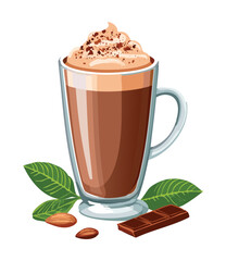 Coffee Cappuccino with Whipped Cream and Cocoa - Vector Illustration