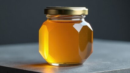 Faceted glass jar of golden honey on gray surface.