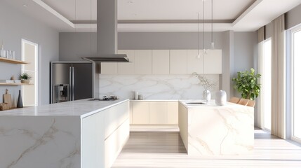 Fototapeta premium Modern Minimalist Kitchen Design: Luxurious Marble and Neutral Tones