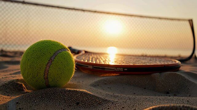 Tennis ball and racket on sandy beach during sunset