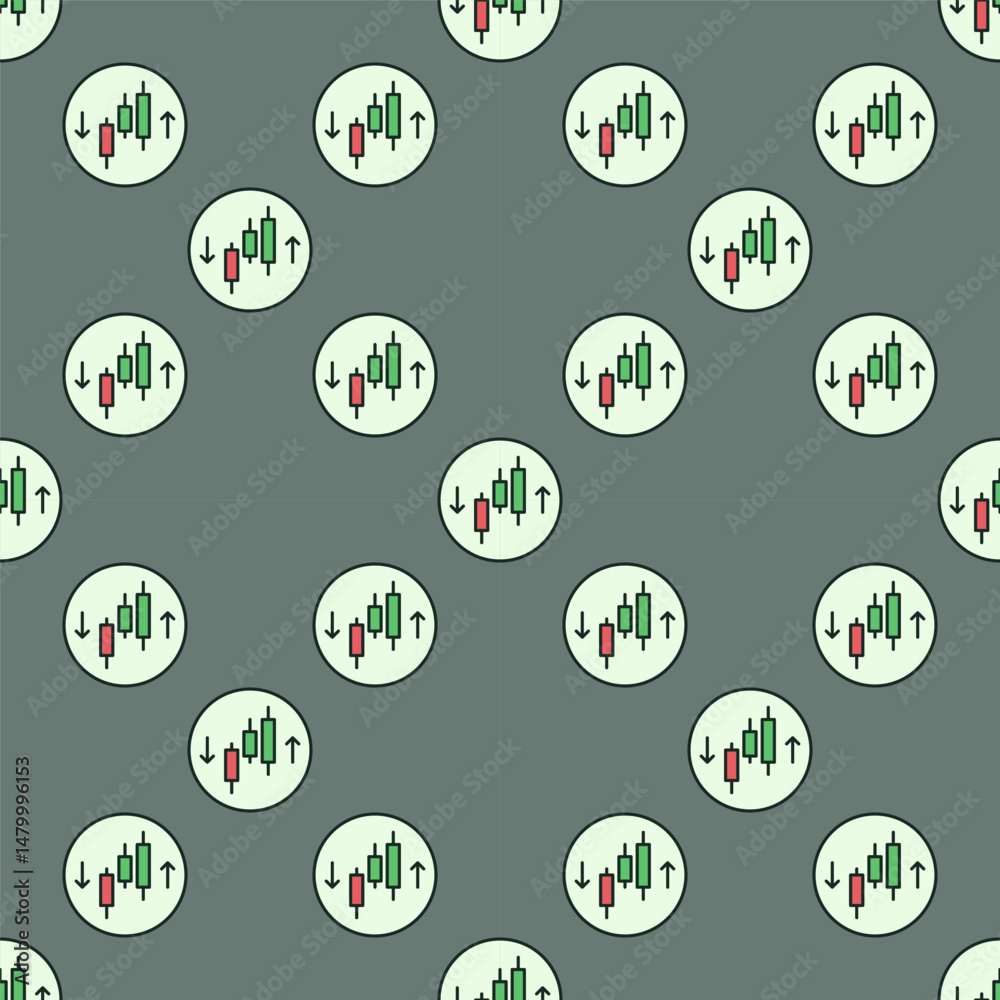 Poster crypto trading vector candlestick chart with arrows colored round seamless pattern