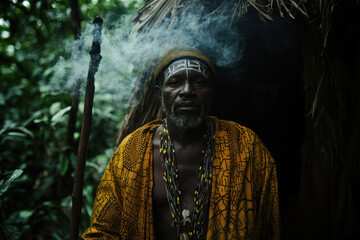 Fototapeta premium Indigenous african shaman performing ritual in the jungle