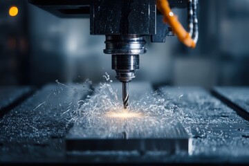 Metalworking CNC milling machine cutting metal with coolant closeup industrial precision equipment